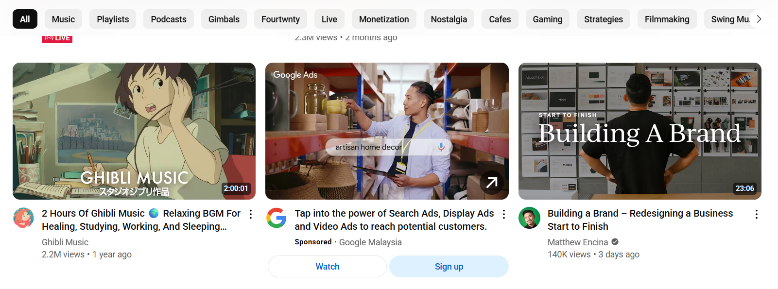 youtube discovery ad homepage